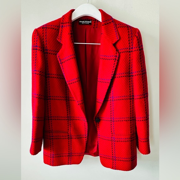 Vintage  Red Wool Pane Style Plaid Blazer By BERNARD HOLTZMAN Size 14 - Picture 5 of 13
